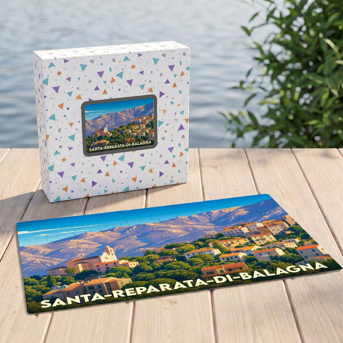 Puzzle souvenir de la ville de Santa-Reparata-di-Balagna avec une illustration stylisée de son paysage vallonné.