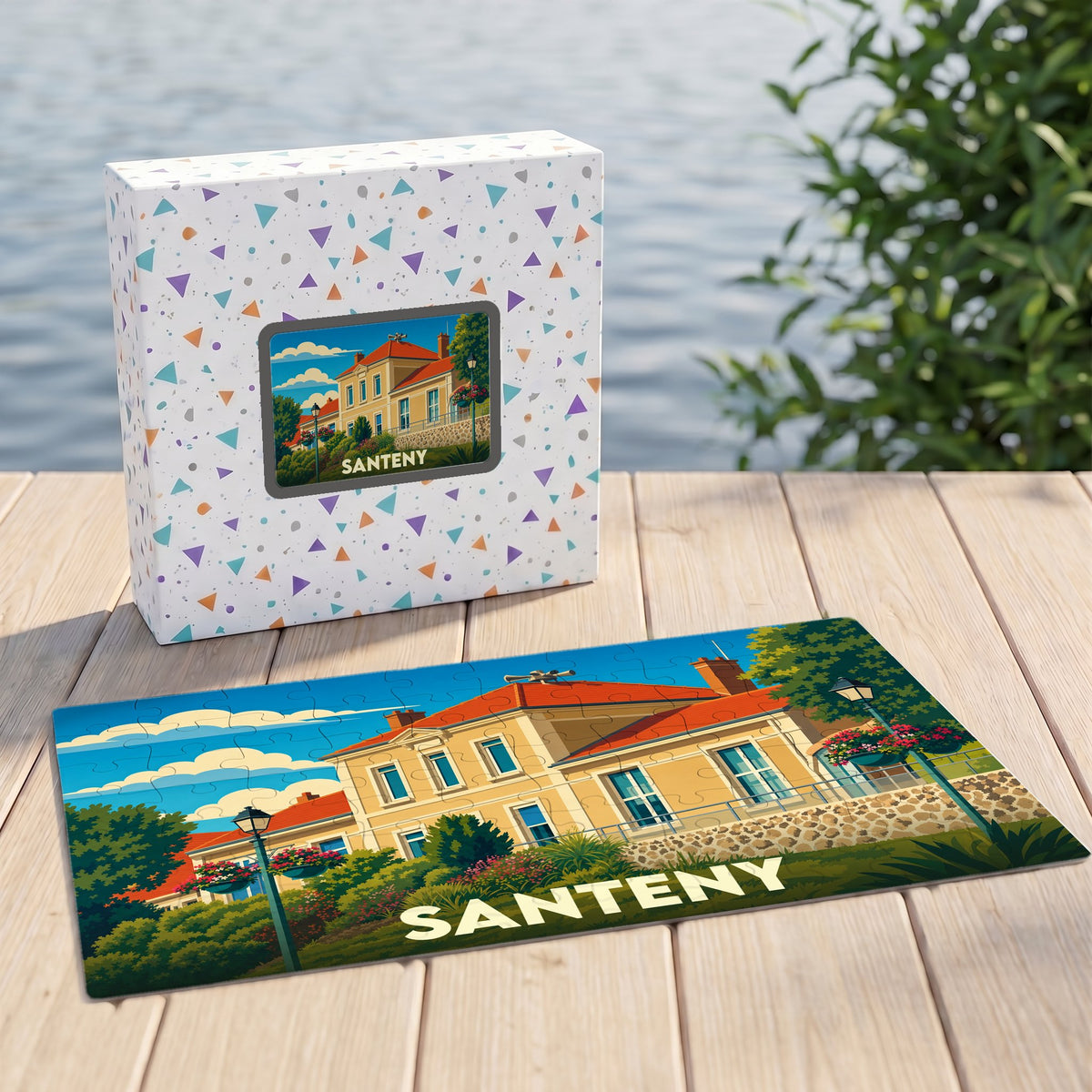 Puzzle souvenir de la ville de Santeny avec une illustration stylisée d'un bâtiment historique.