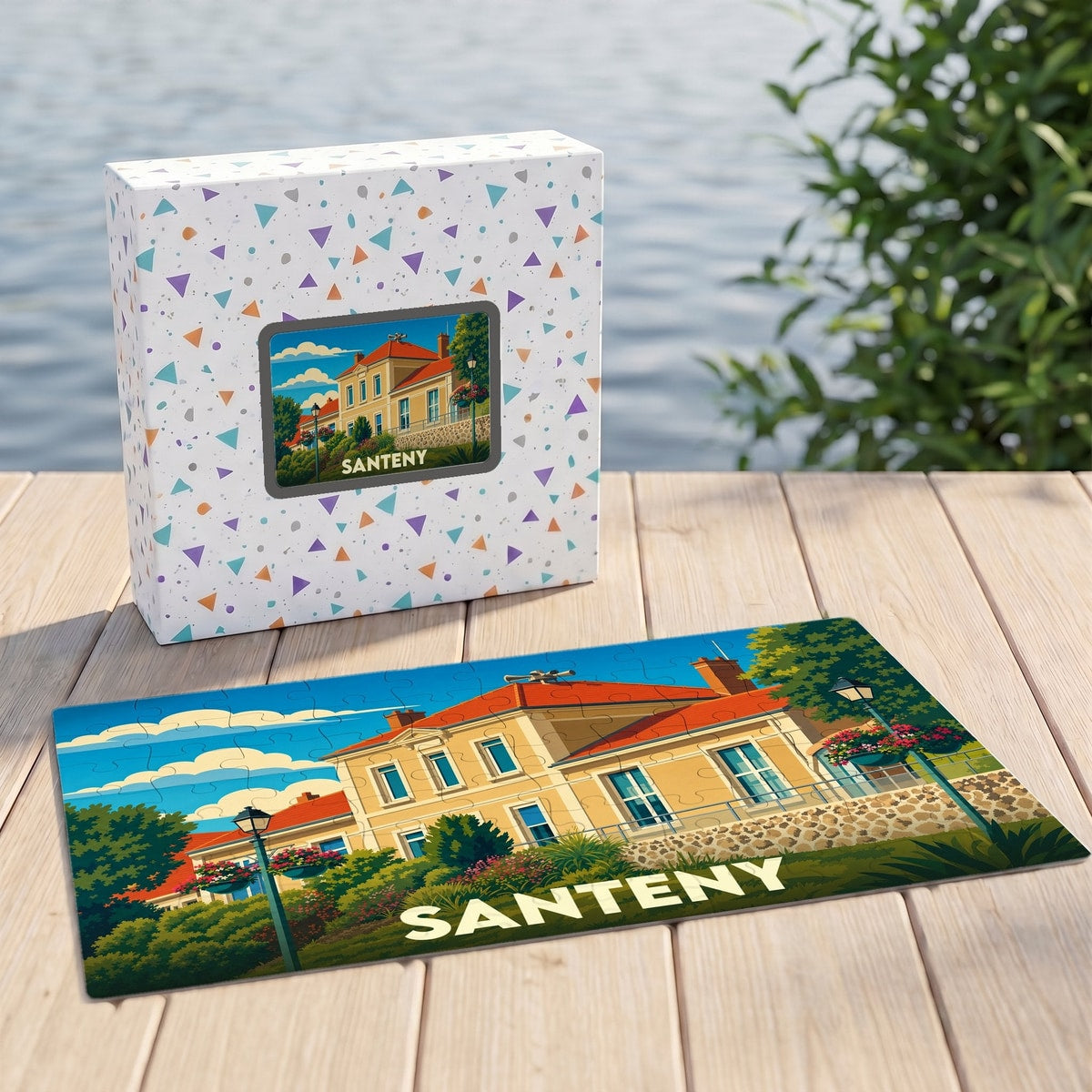 Puzzle souvenir de la ville de Santeny avec une illustration stylisée d'un bâtiment historique.