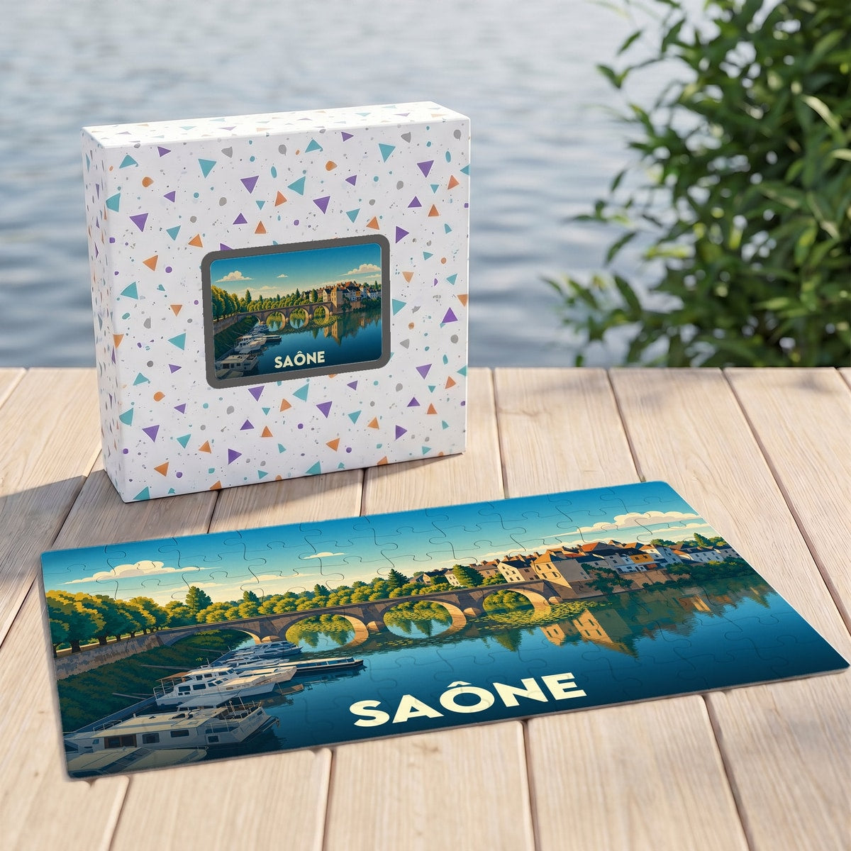 Puzzle souvenir de la ville de Saône avec une illustration stylisée représentant un pont et des bateaux sur la rivière.