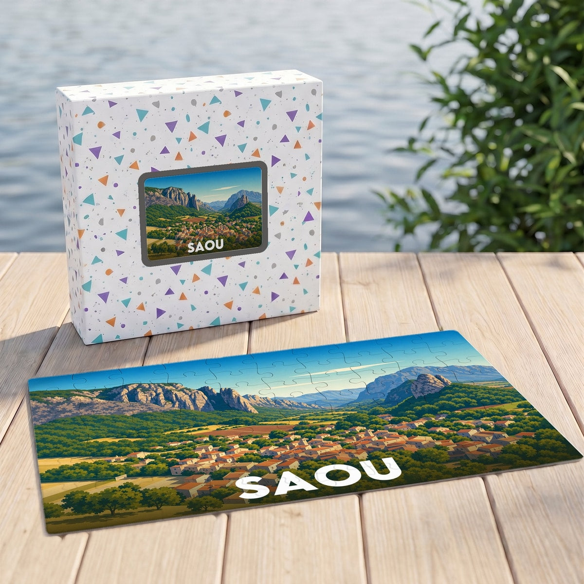 Puzzle souvenir de la ville de Saou présentant une vue panoramique illustrée de la commune et de ses montagnes.