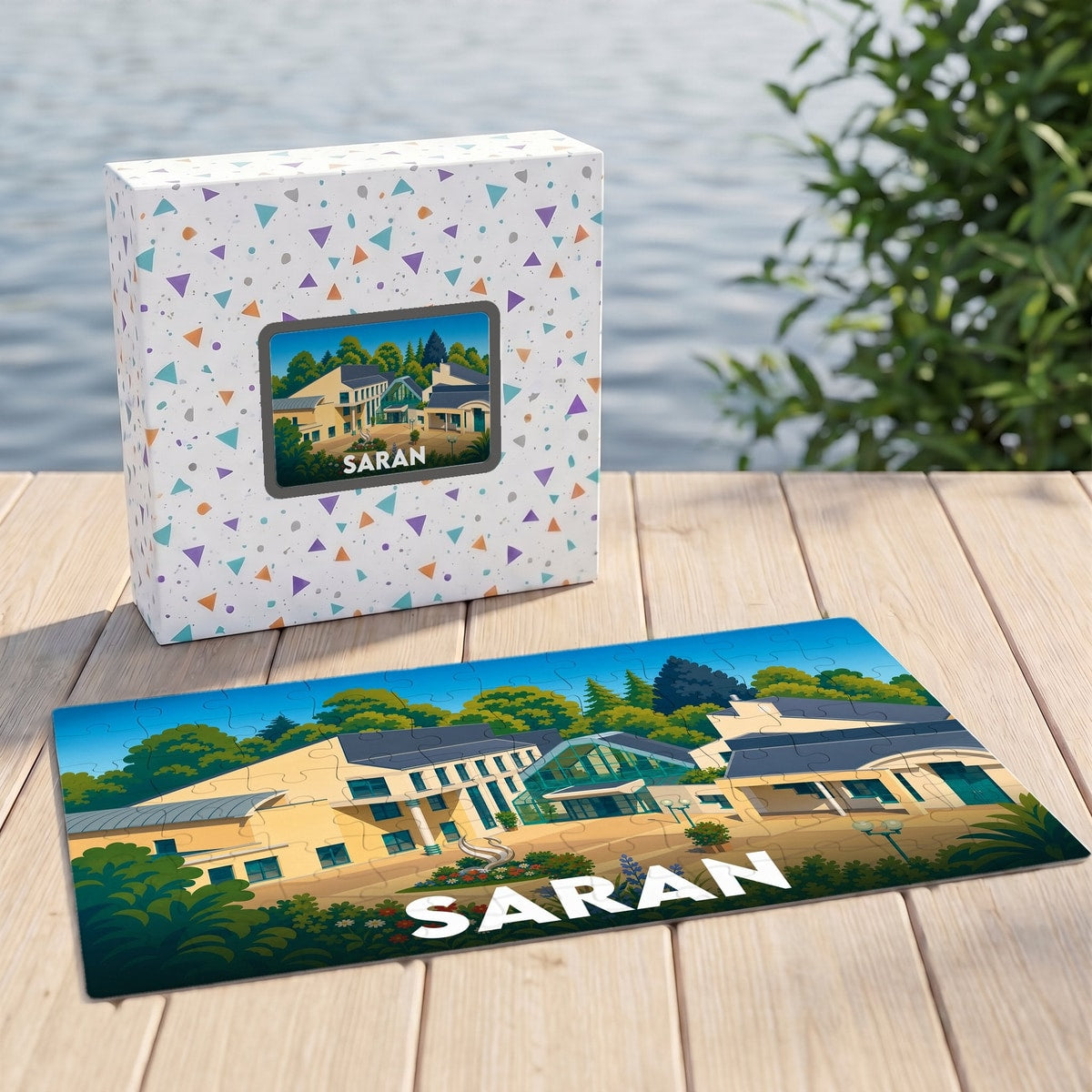 Puzzle souvenir de la ville de Saran avec une illustration stylisée de son architecture.