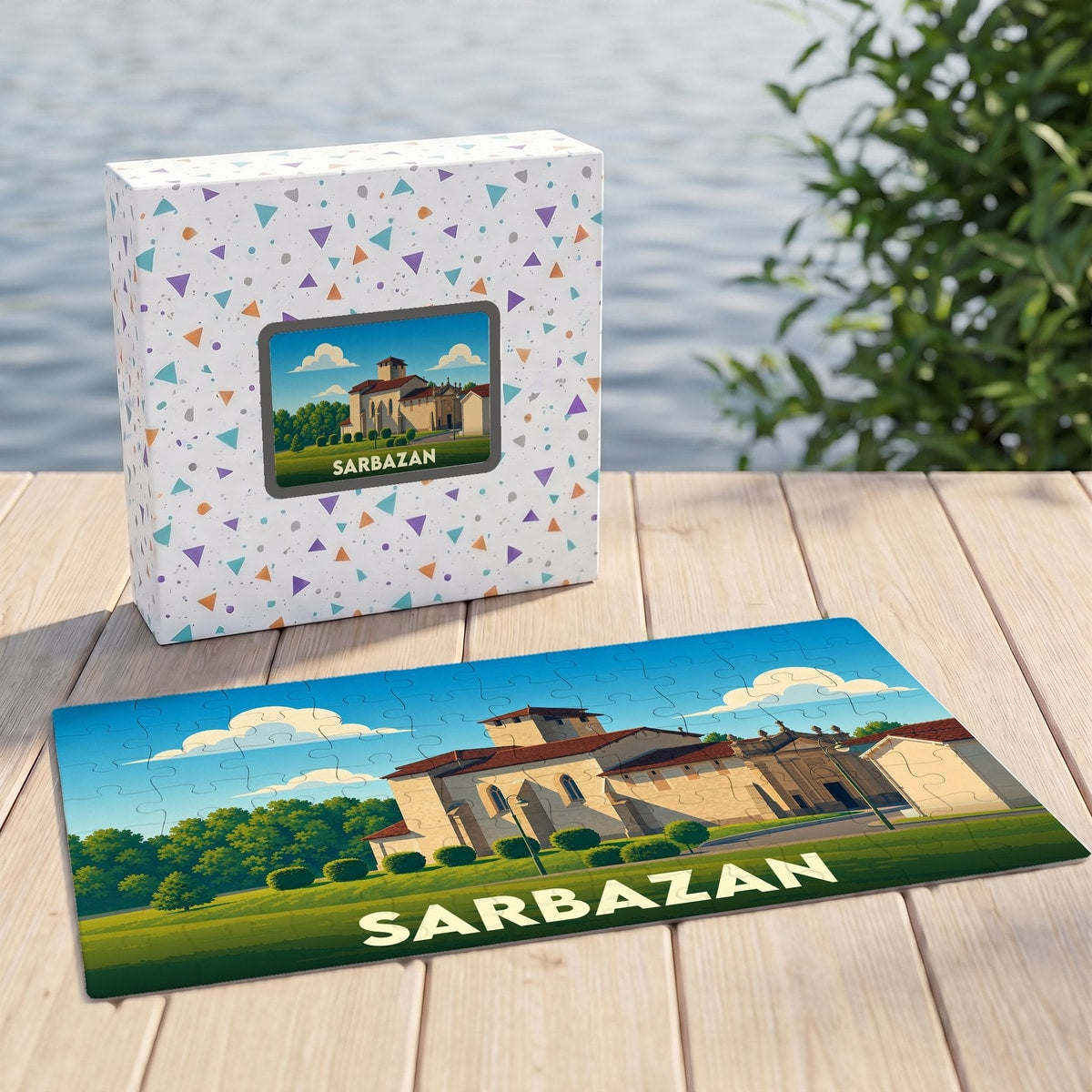 Puzzle souvenir de la ville de Sarbazan avec une illustration stylisée.