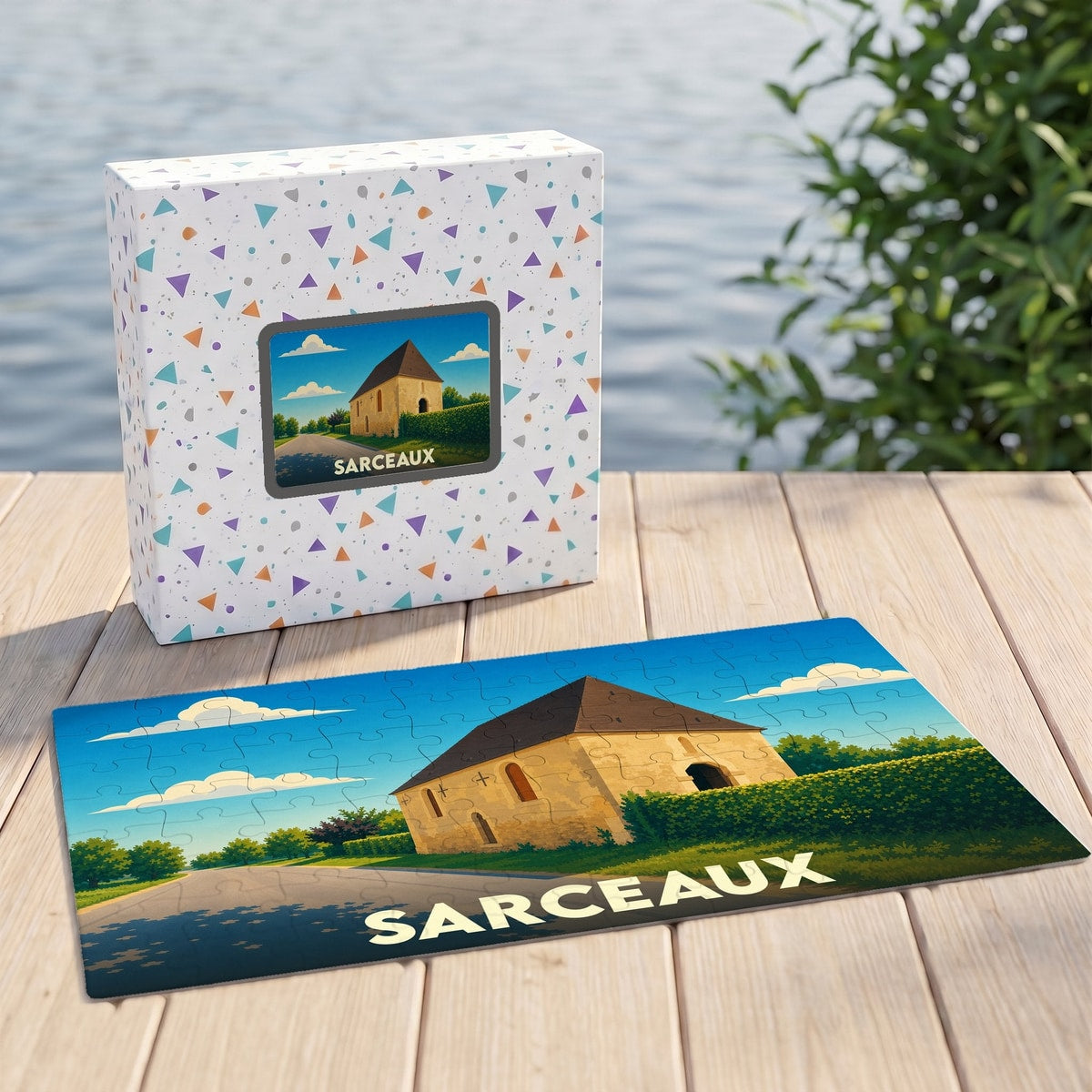 Puzzle souvenir de la ville de Sarceaux présentant une illustration stylisée d'un bâtiment historique dans sa boîte assortie.