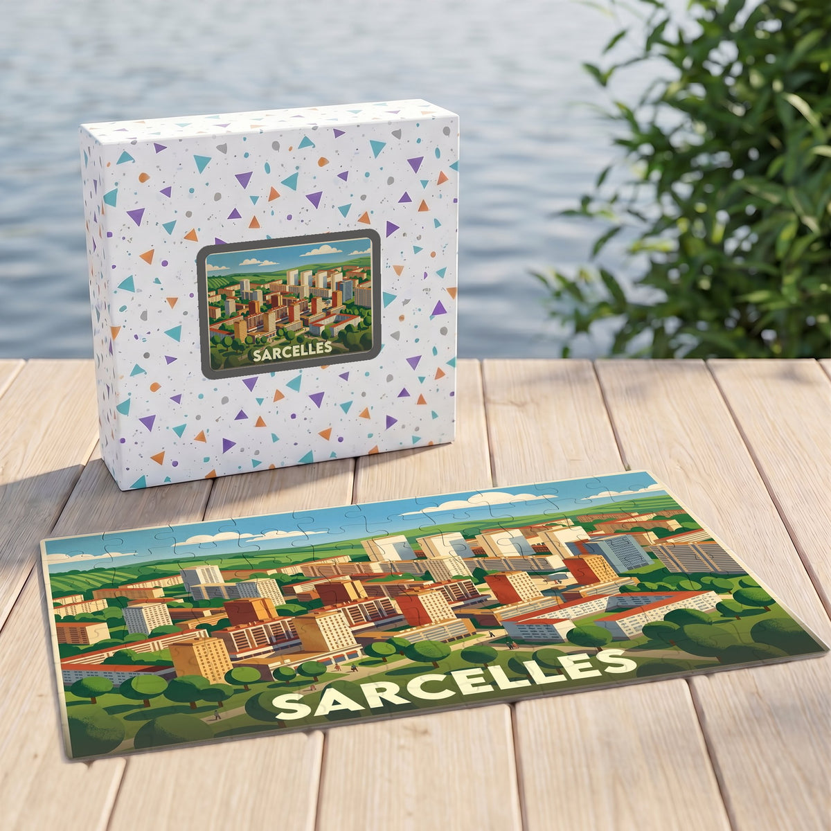 Puzzle souvenir de la ville de Sarcelles avec une illustration colorée et stylisée de son paysage urbain.