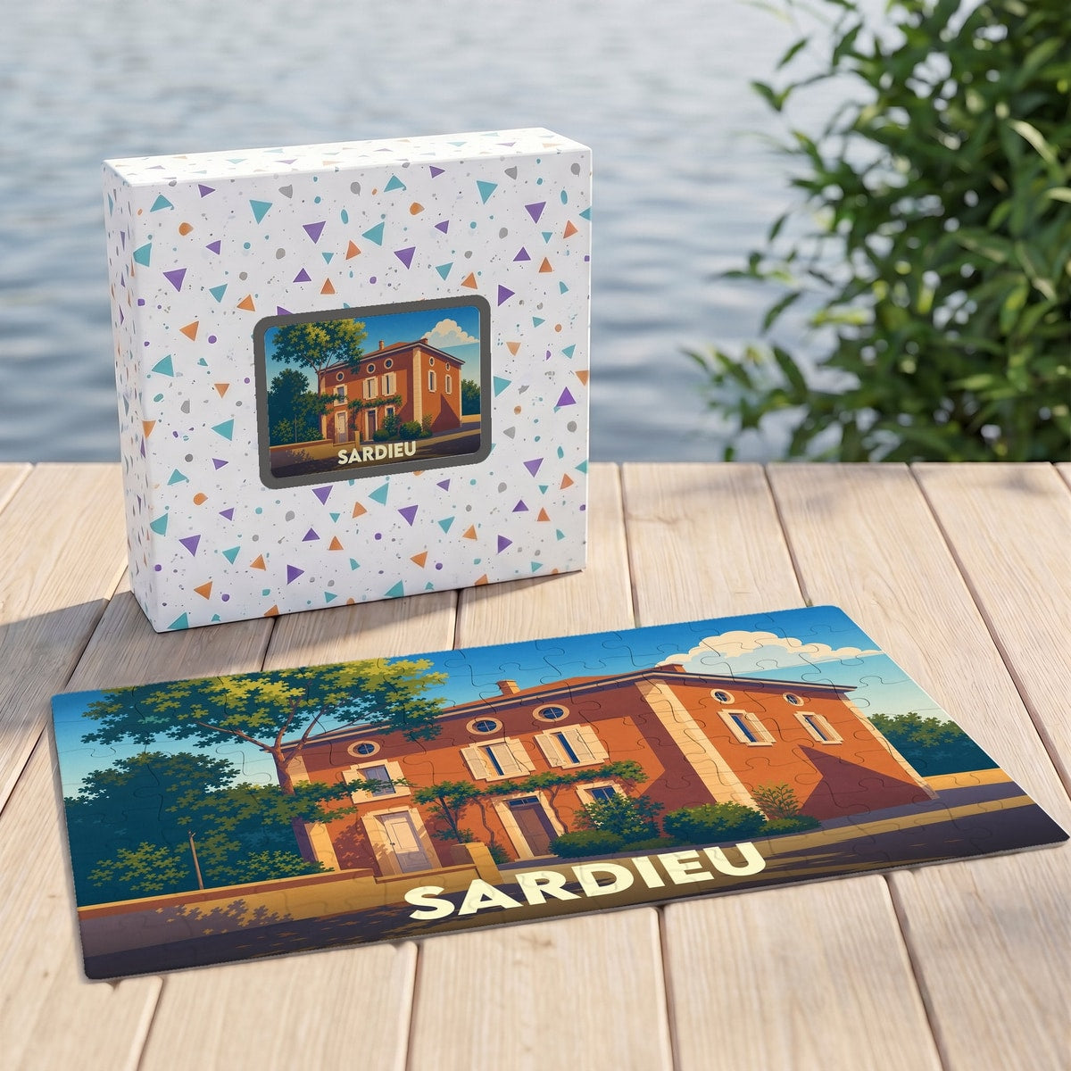 Puzzle souvenir de la ville de Sardieu avec une illustration stylisée d'une maison de maître.