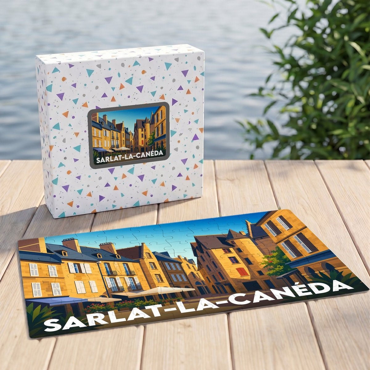 Puzzle souvenir de la ville de Sarlat-la-Canéda avec son coffret et une illustration stylisée de ses façades médiévales.