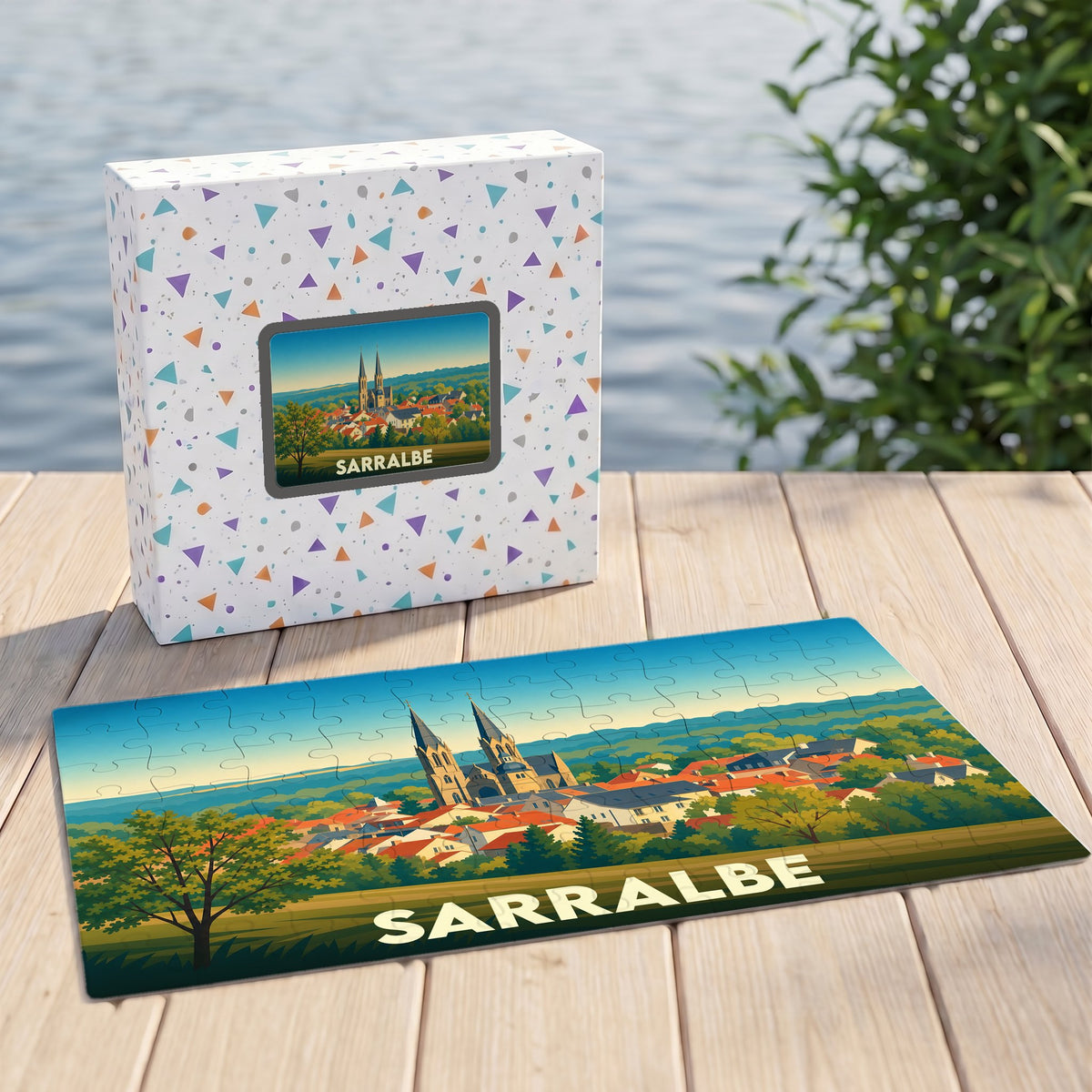 Puzzle souvenir de la ville de Sarralbe avec une illustration stylisée et colorée.