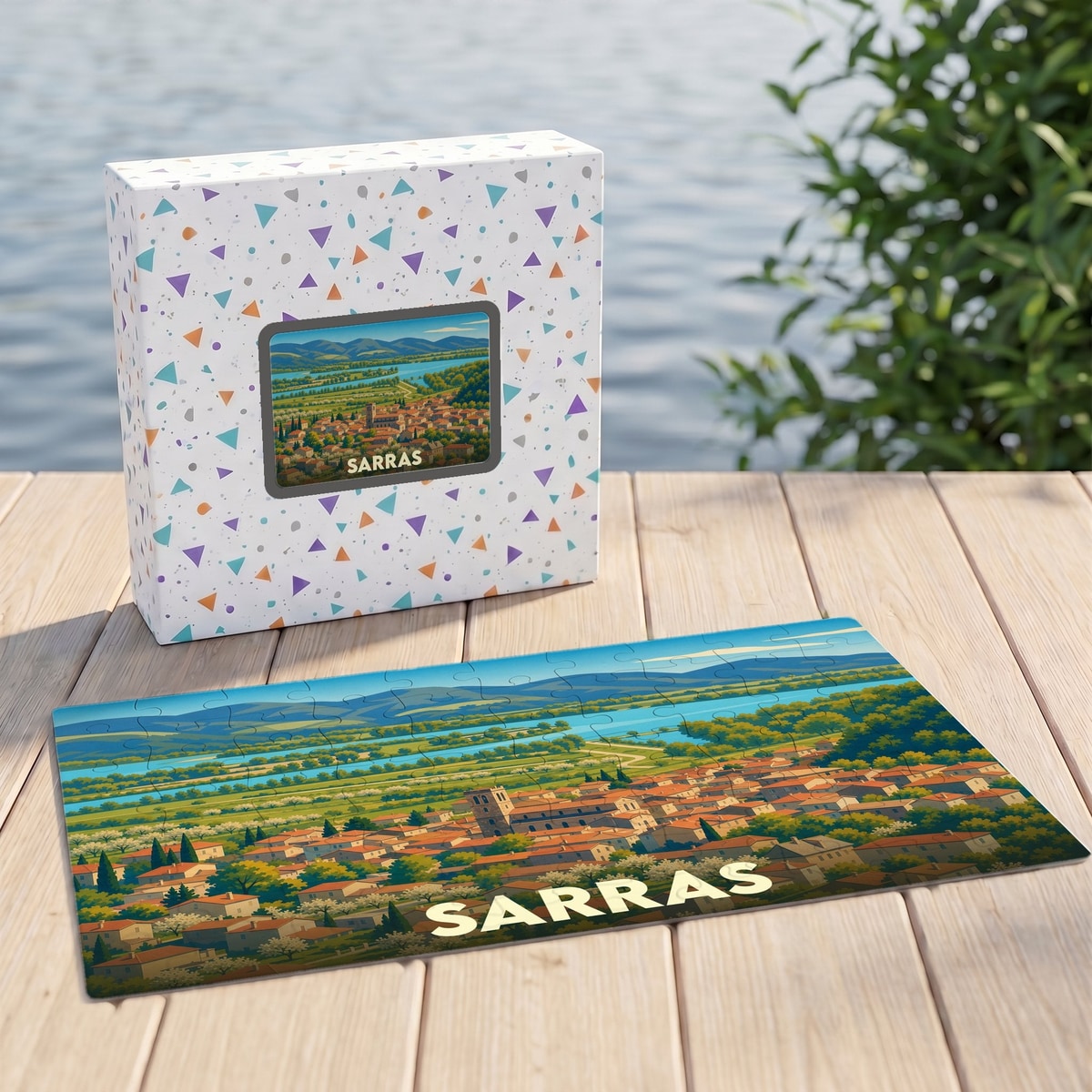 Puzzle souvenir de la ville de Sarras avec une illustration paysagère stylisée.