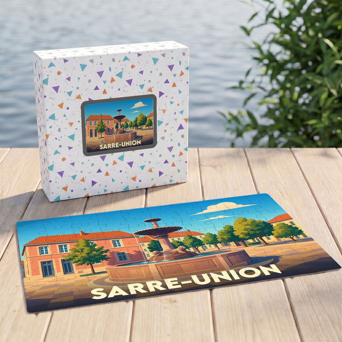 Puzzle souvenir de la ville de Sarre-Union représentant sa place centrale et sa fontaine dans un style illustré.