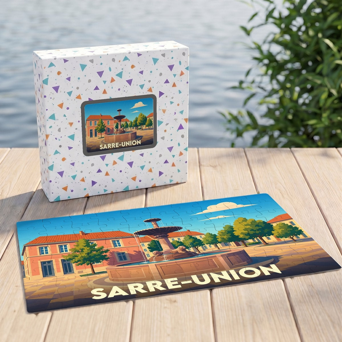 Puzzle souvenir de la ville de Sarre-Union représentant sa place centrale et sa fontaine dans un style illustré.