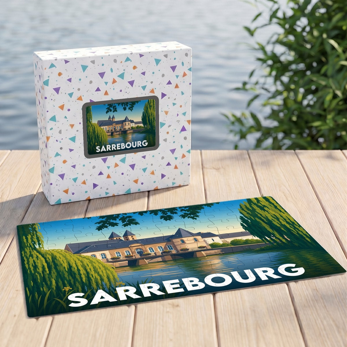 Puzzle souvenir de la ville de Sarrebourg avec une illustration stylisée d'un bâtiment historique au bord de l'eau.