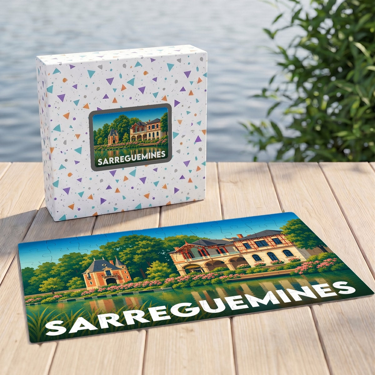 Puzzle souvenir de la ville de Sarreguemines avec une illustration stylisée d'un paysage urbain au bord de l'eau.