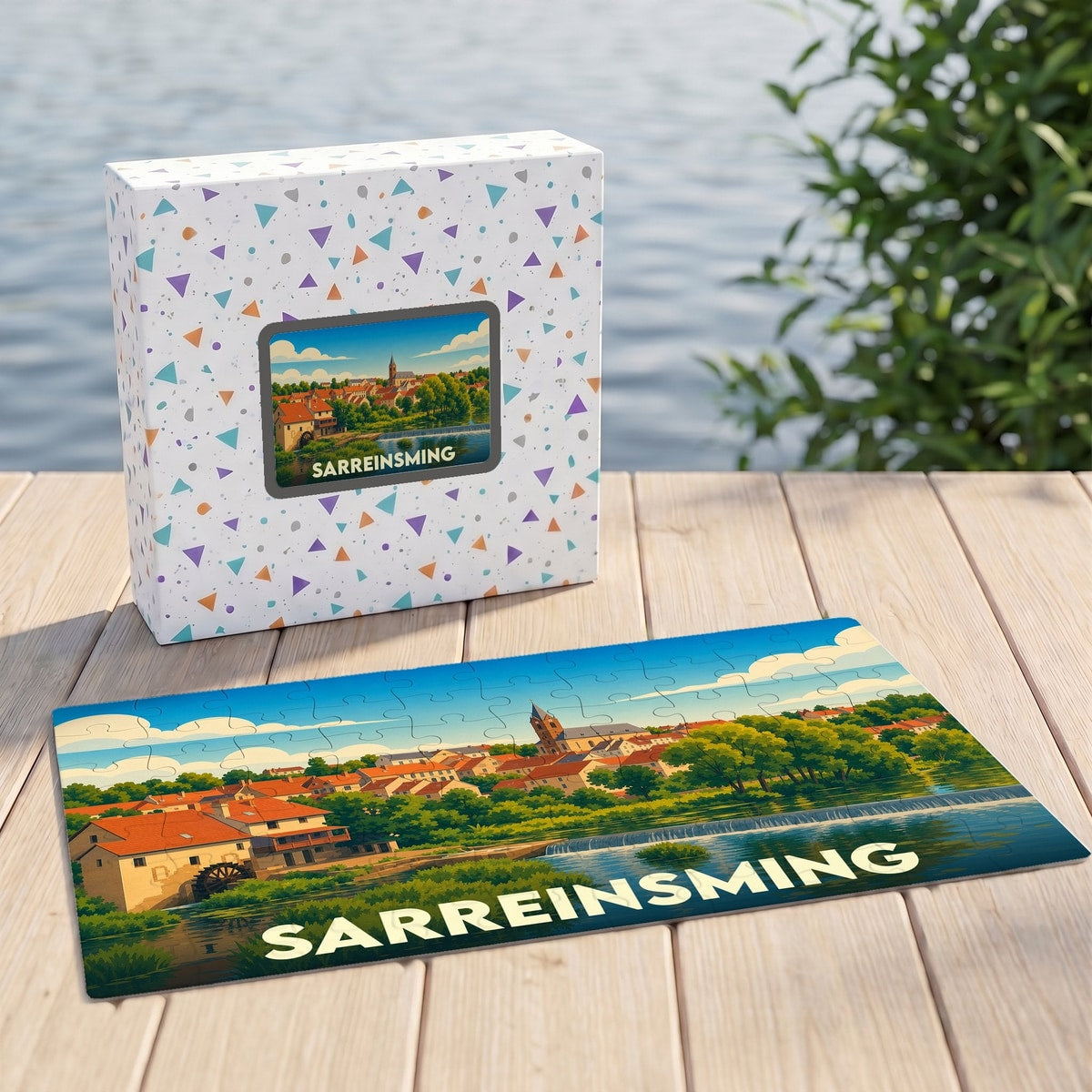 Puzzle souvenir de la ville de Sarreinsming illustré par un paysage panoramique coloré.