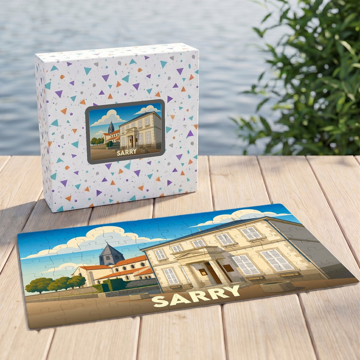 Puzzle souvenir de la ville de Sarry avec une illustration stylisée de ses bâtiments emblématiques.
