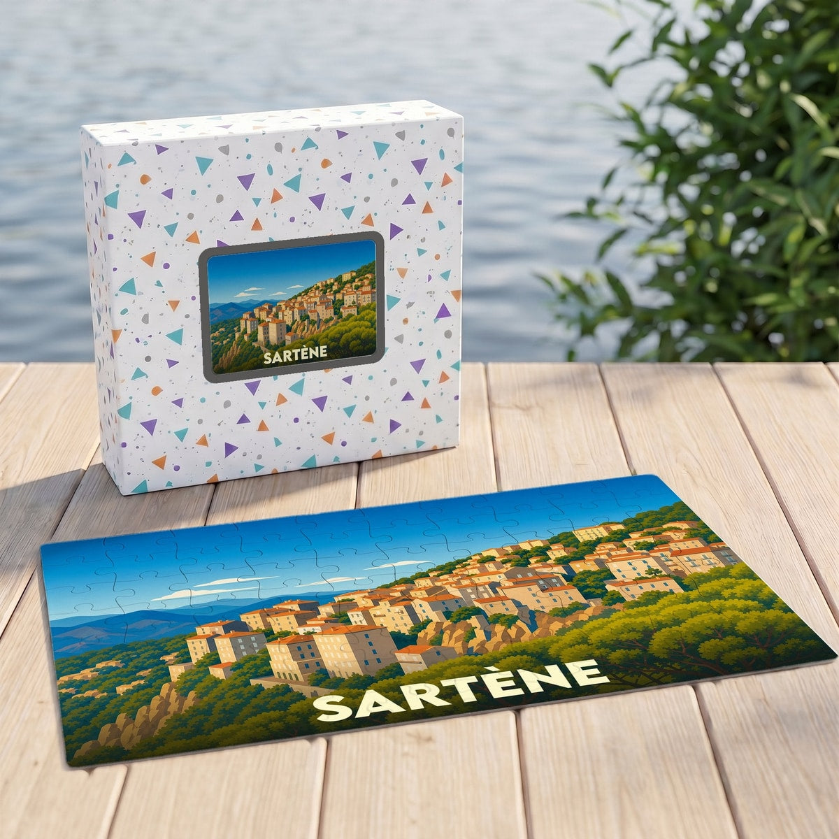 Puzzle souvenir de la ville de Sartène avec une illustration stylisée d'un village corse perché.
