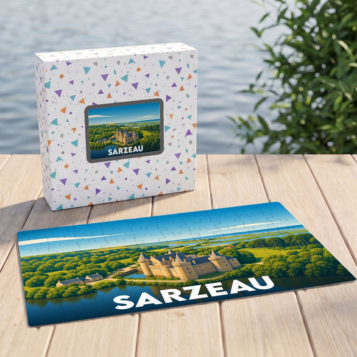 Puzzle souvenir de la ville de Sarzeau avec une illustration stylisée d'un château entouré de verdure et d'eau.