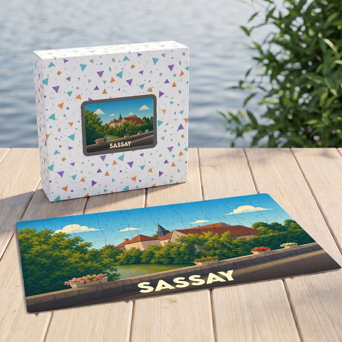 Puzzle souvenir de la ville de Sassay avec une illustration stylisée d'un paysage urbain au bord de l'eau.