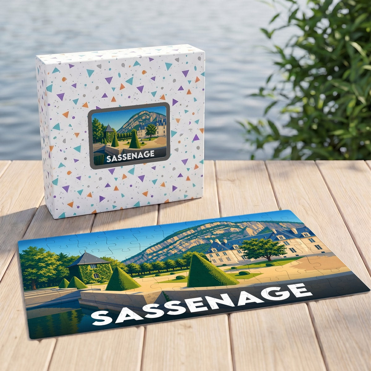 Puzzle souvenir de la ville de Sassenage avec une illustration stylisée de son château et des montagnes environnantes.