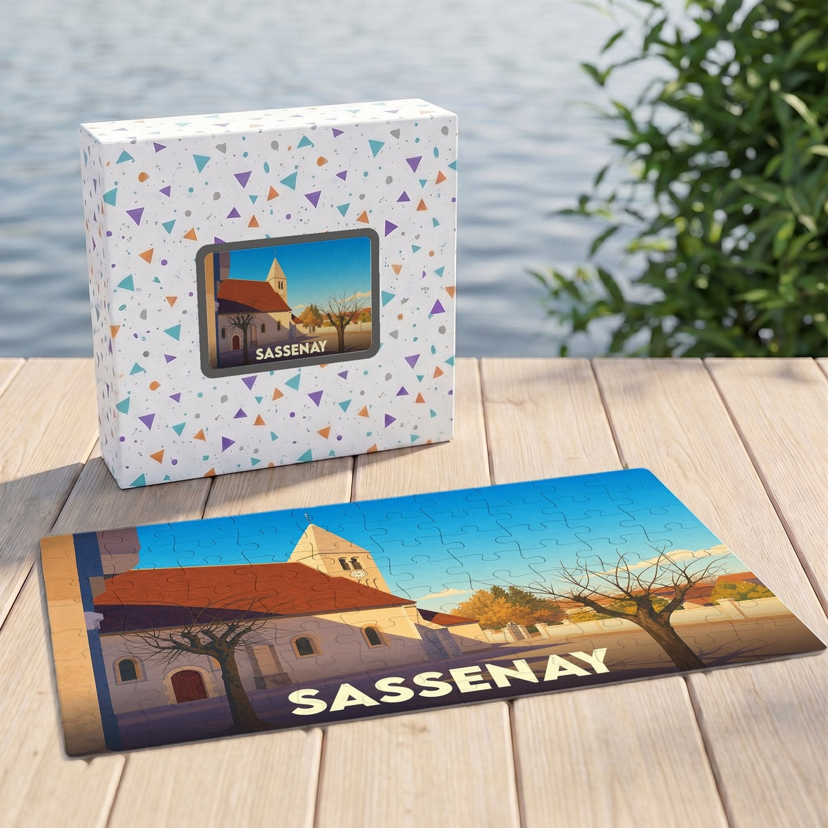 Puzzle souvenir de la ville de Sassenay présentant une illustration stylisée de son église et de son paysage urbain.