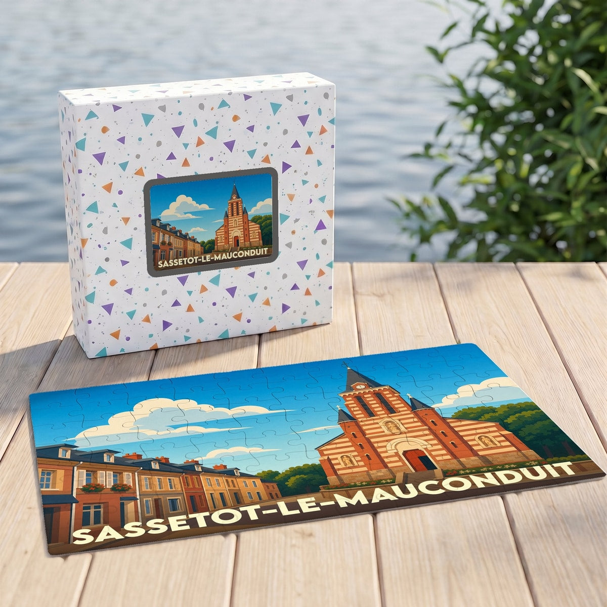 Puzzle souvenir de la ville de Sassetot-le-Mauconduit avec une illustration stylisée de son église et de ses maisons.
