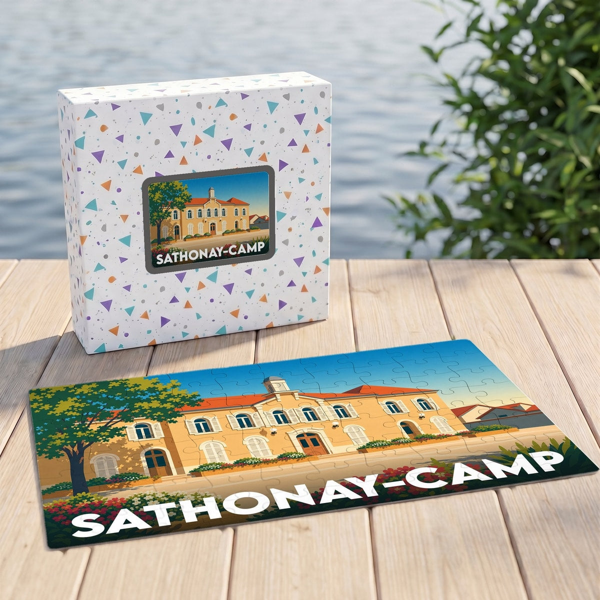 Puzzle souvenir de la ville de Sathonay-Camp avec une illustration stylisée d'un bâtiment historique et son coffret assorti.