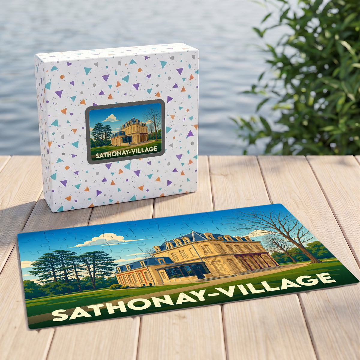 Puzzle souvenir de la ville de Sathonay-Village avec une illustration stylisée d'un château.