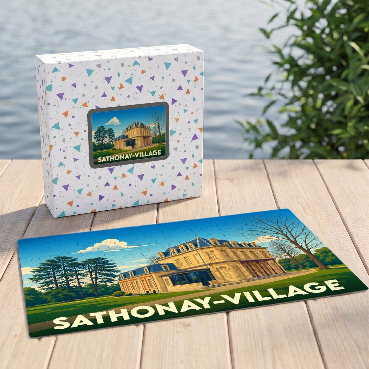 Puzzle souvenir de Sathonay-Village avec une illustration stylisée d'un château.