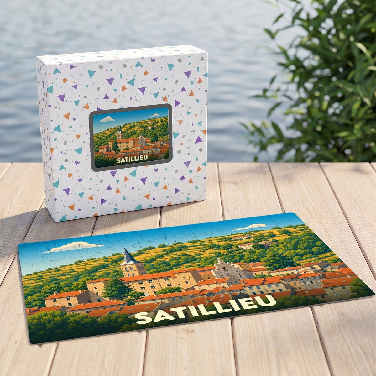 Puzzle souvenir de la ville de Satillieu avec une illustration stylisée.