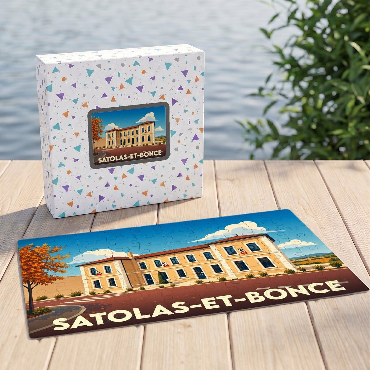 Puzzle souvenir de la ville de Satolas-et-Bonce avec une illustration stylisée d'un bâtiment municipal.