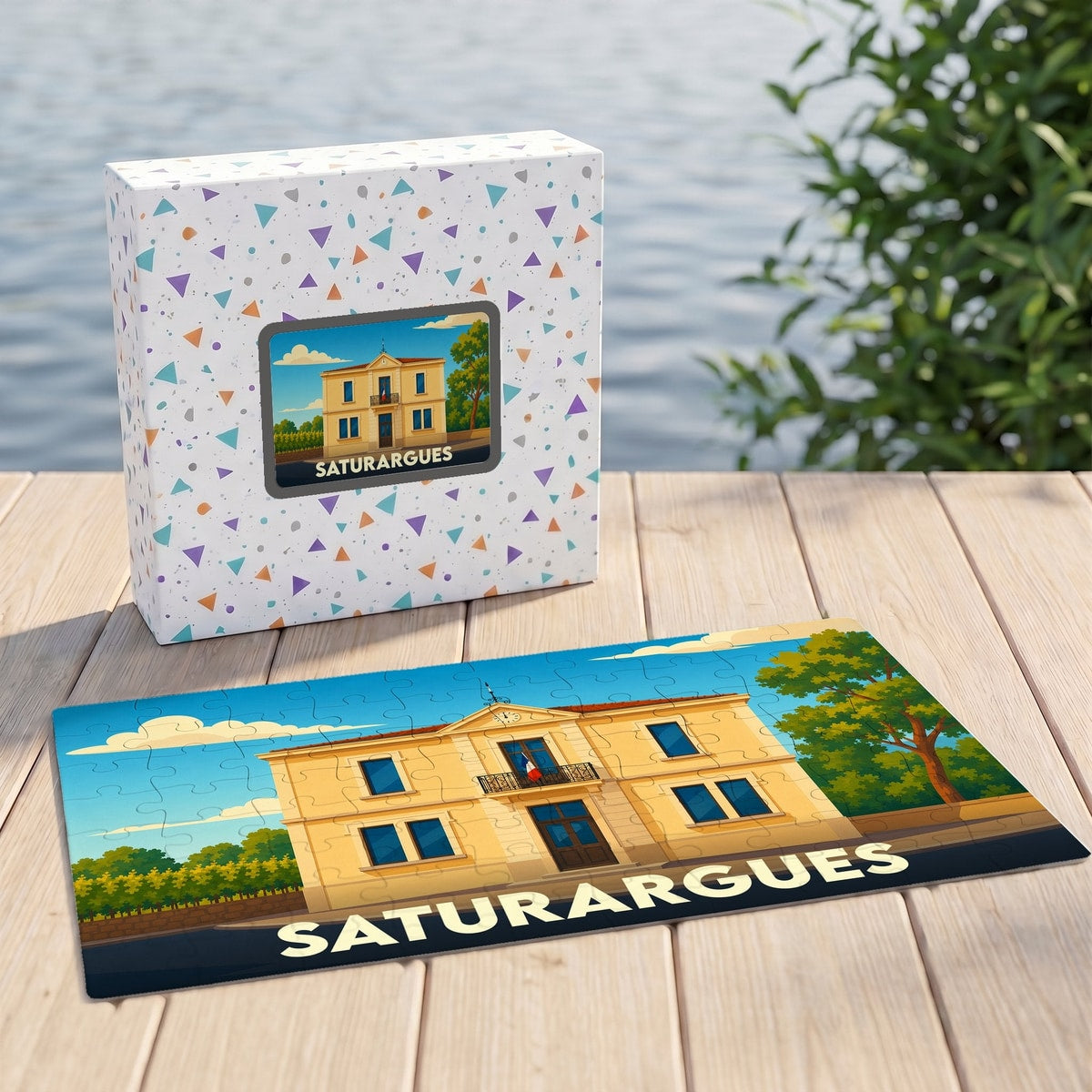 Puzzle souvenir de la ville de Saturargues illustrant sa mairie dans un style graphique épuré.