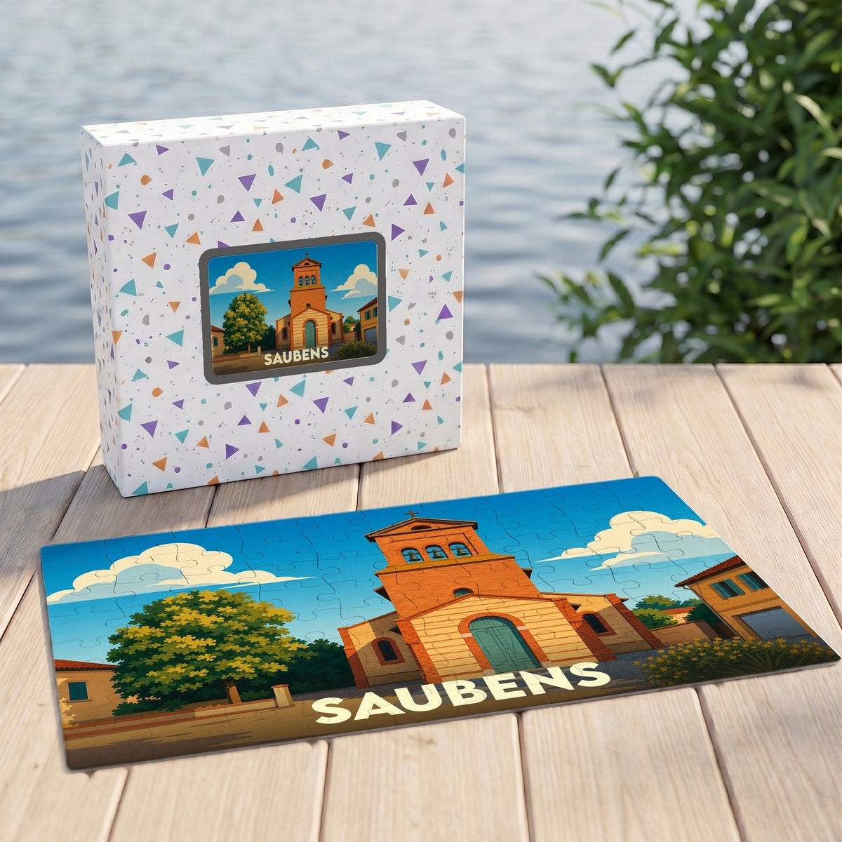Puzzle souvenir de la ville de Saubens avec une illustration stylisée de son église sur sa boîte et en version assemblée.