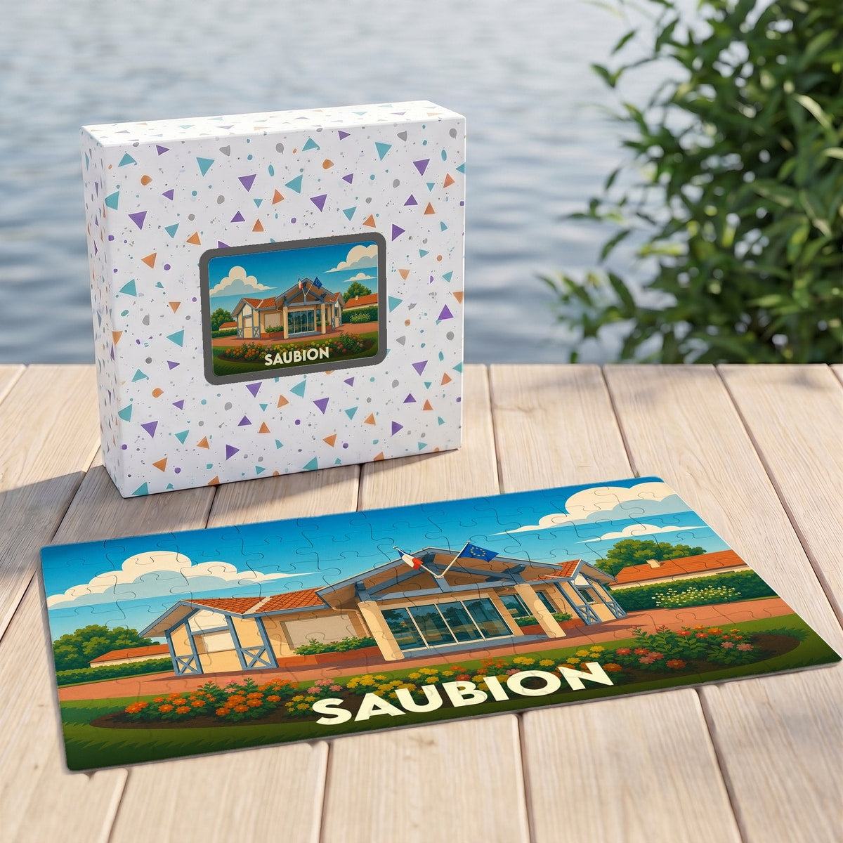 Puzzle souvenir de la ville de Saubion avec une illustration stylisée d'un bâtiment sous un ciel bleu.