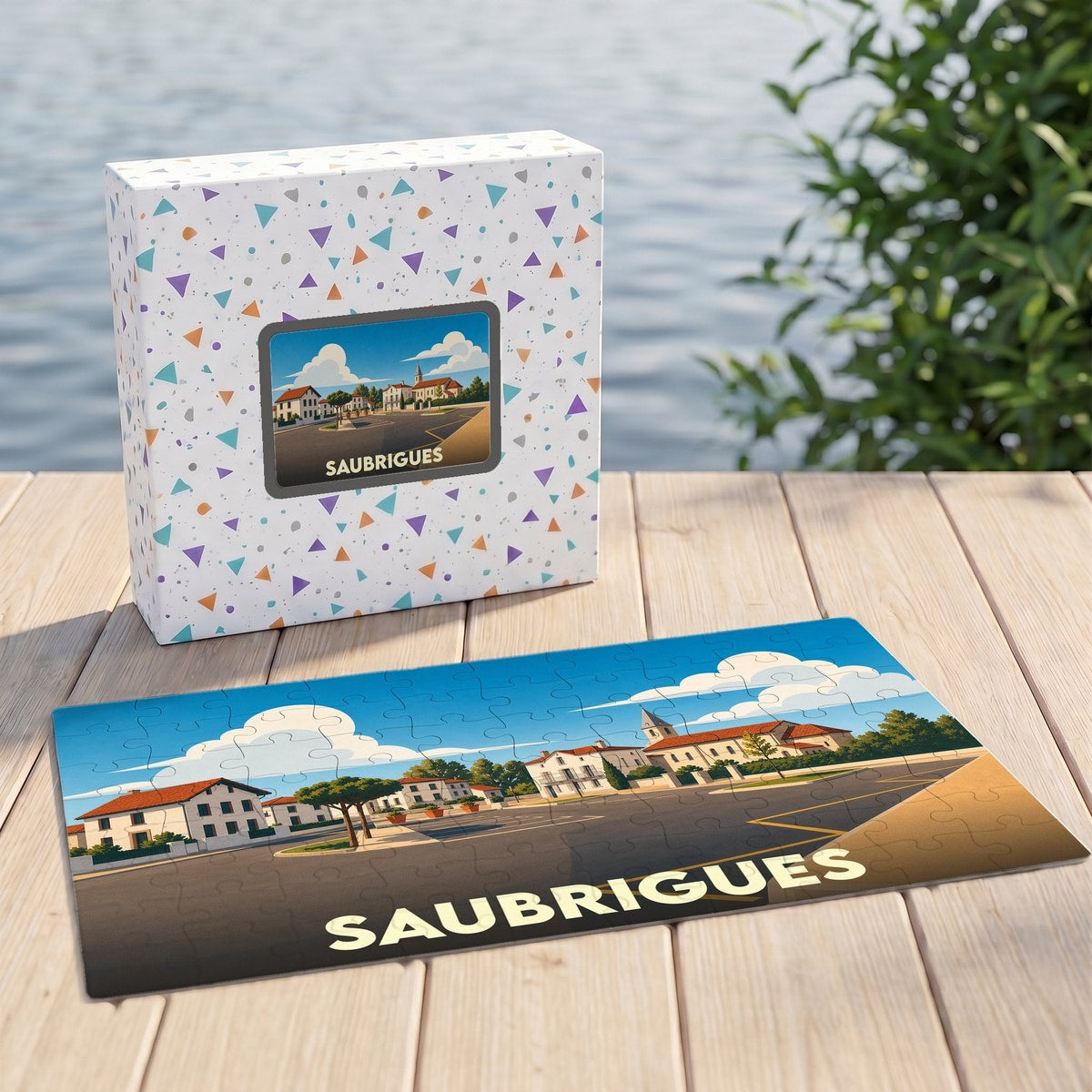 Puzzle souvenir de la ville de Saubrigues avec une illustration stylisée et colorée.