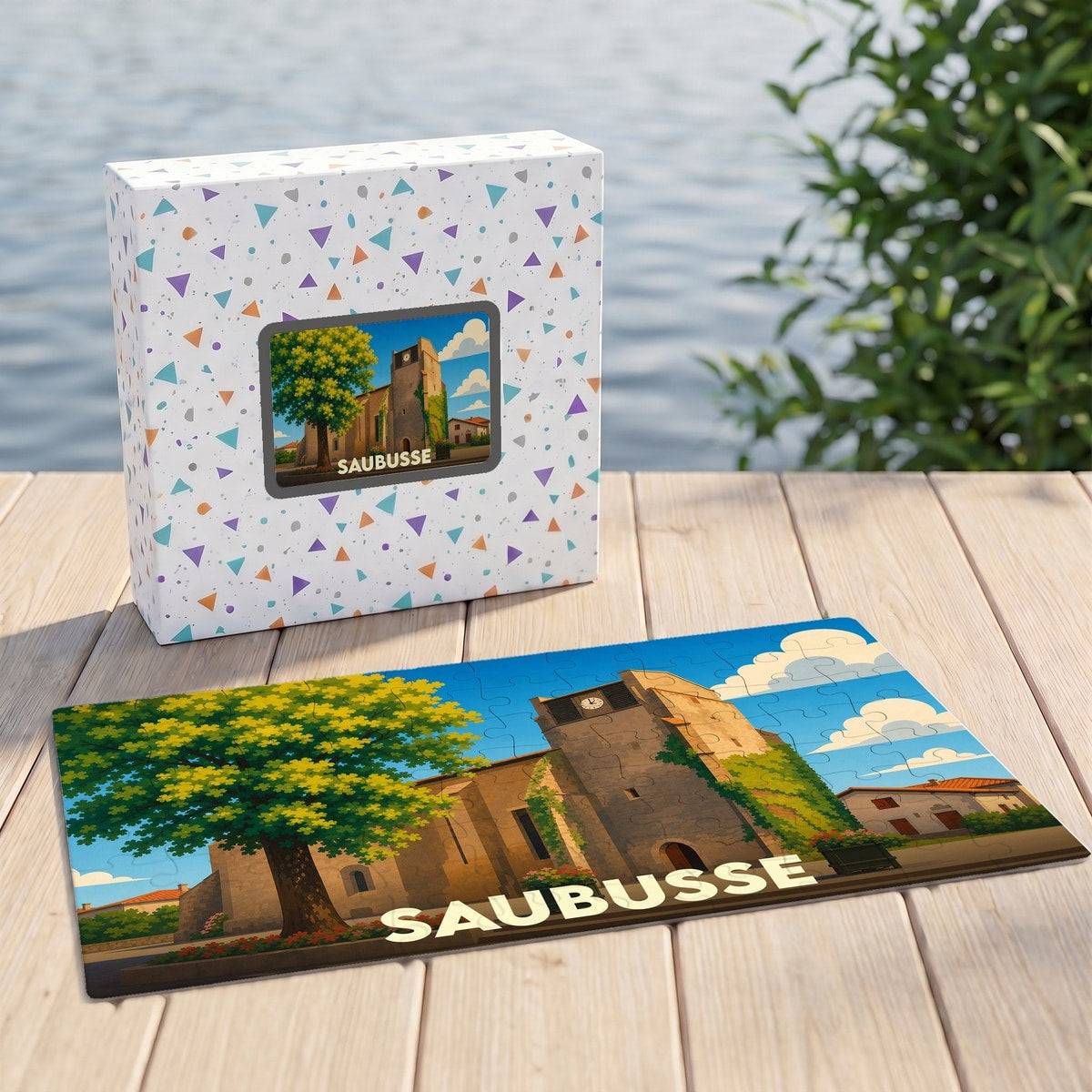 Puzzle souvenir de la ville de Saubusse avec une illustration stylisée d'un paysage urbain.