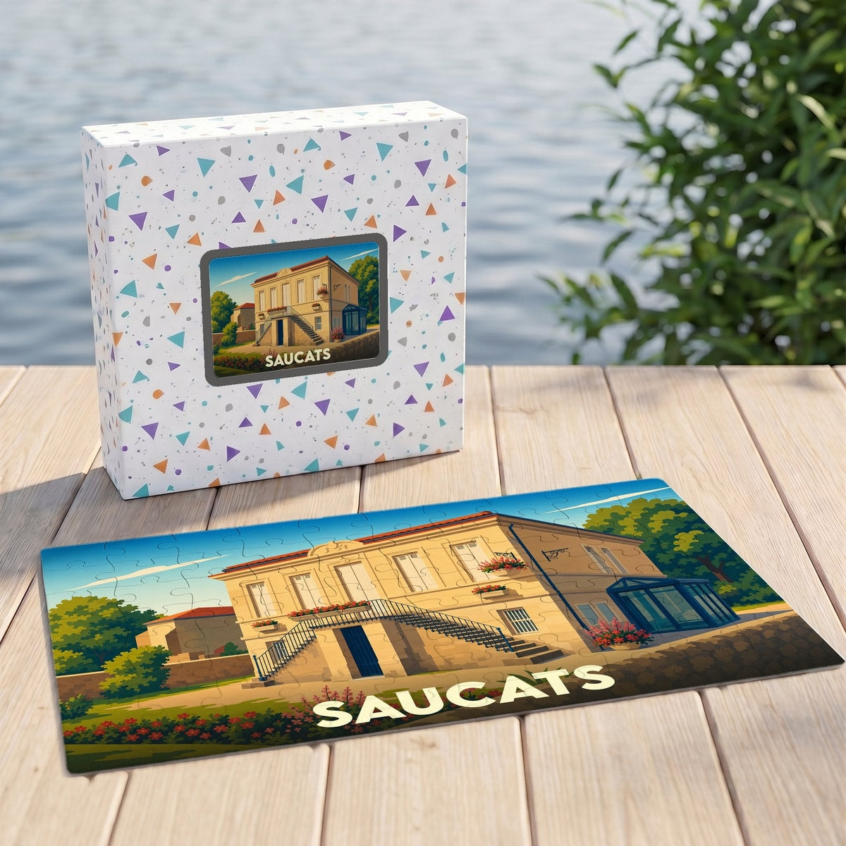 Puzzle souvenir de la ville de Saucats représentant une grande demeure illustrée dans un style vintage.