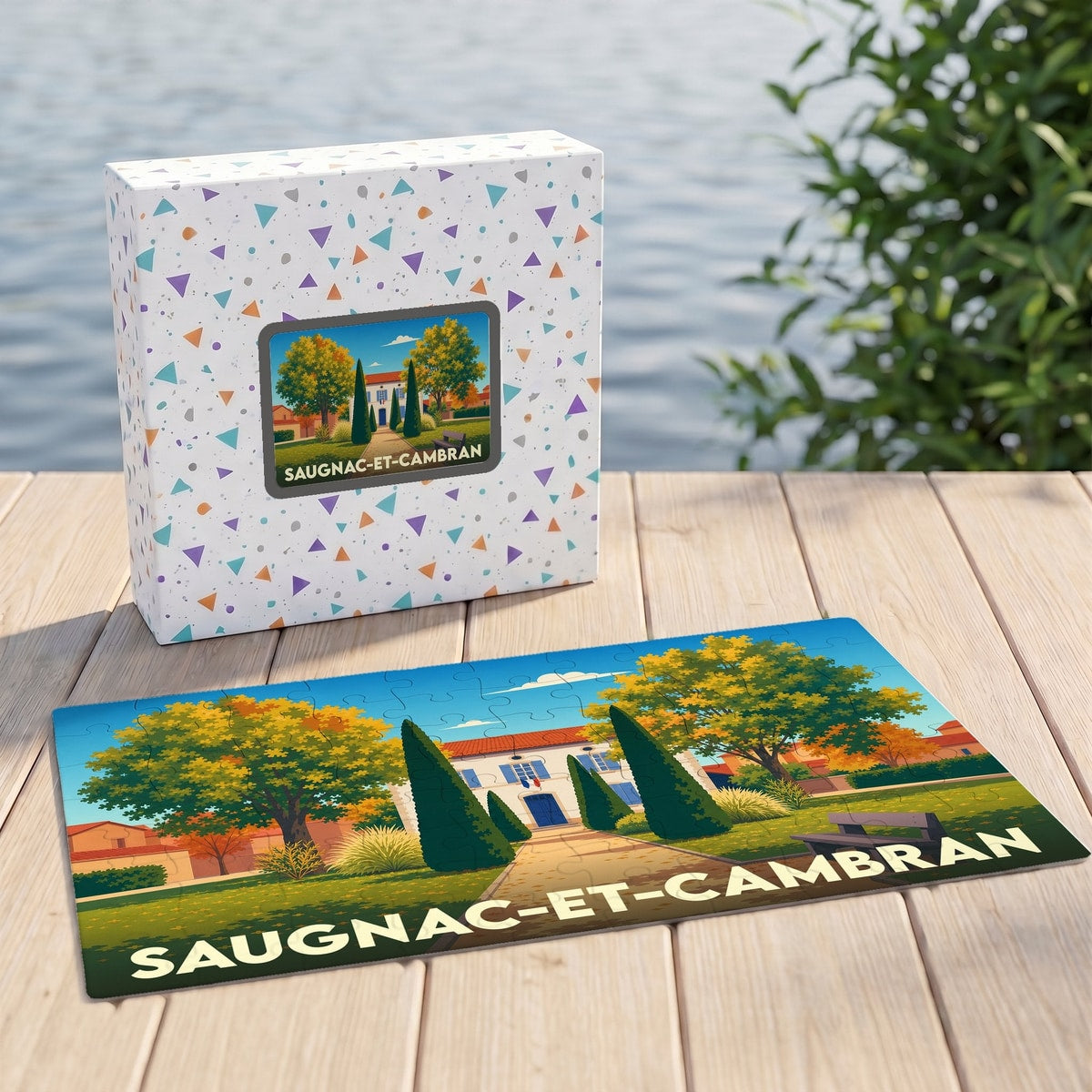 Puzzle souvenir de la ville de Saugnac-et-Cambran avec une illustration stylisée.