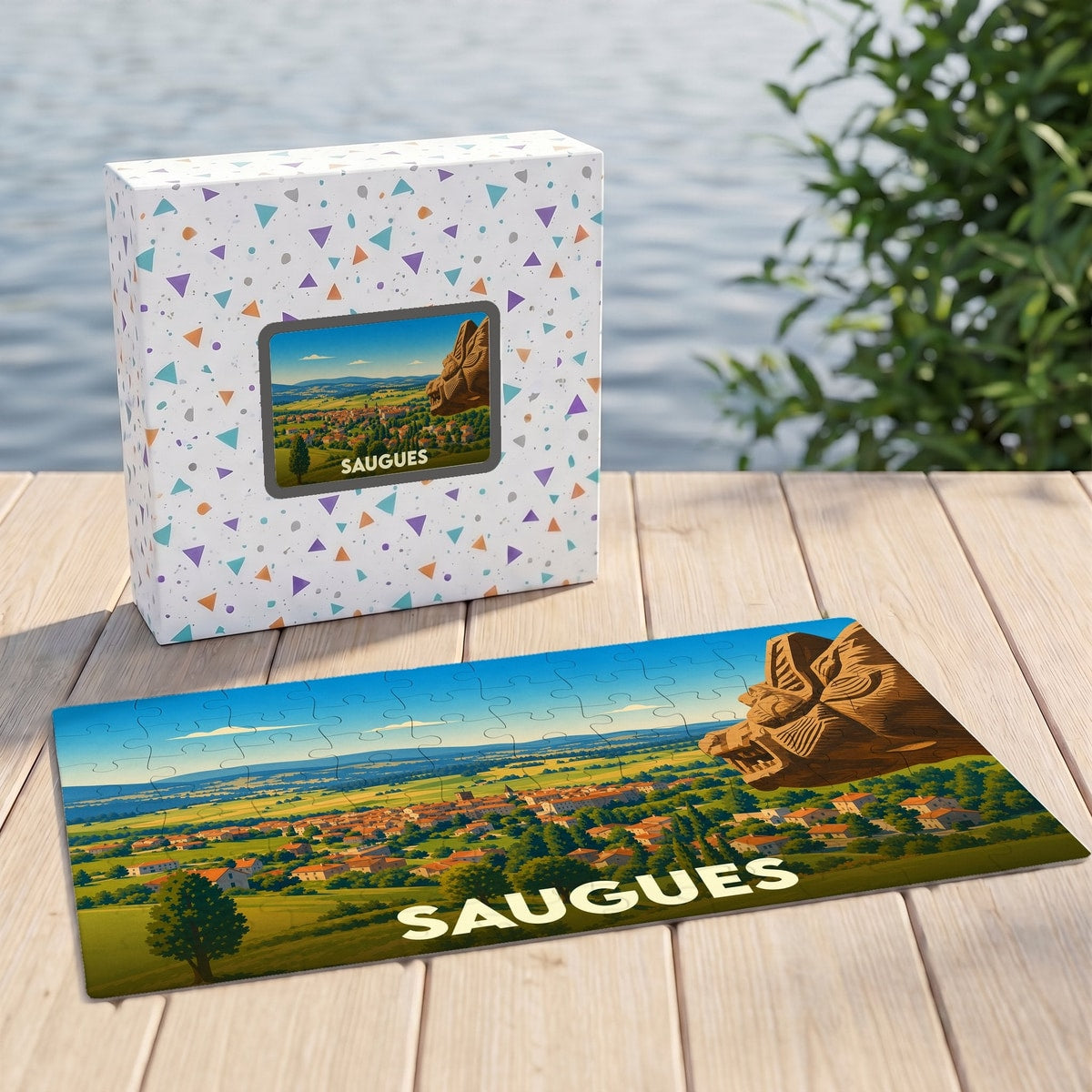 Puzzle souvenir de la ville de Saugues avec une illustration stylisée de son paysage et de sa bête légendaire.