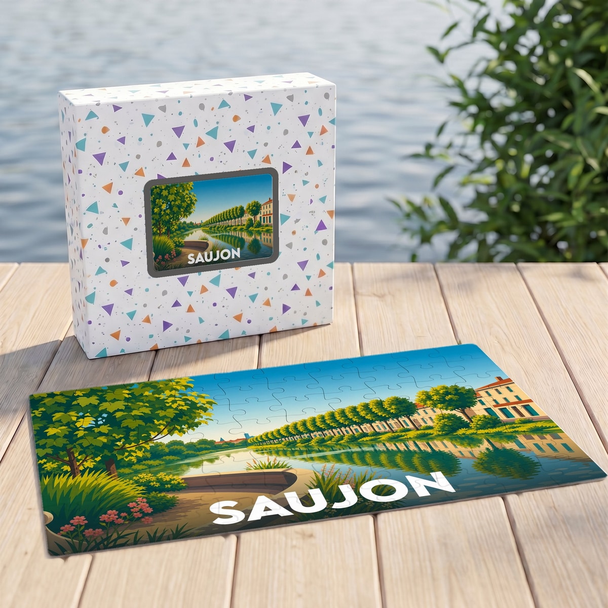 Puzzle souvenir de la ville de Saujon avec une illustration stylisée d'un paysage de bord de l'eau.