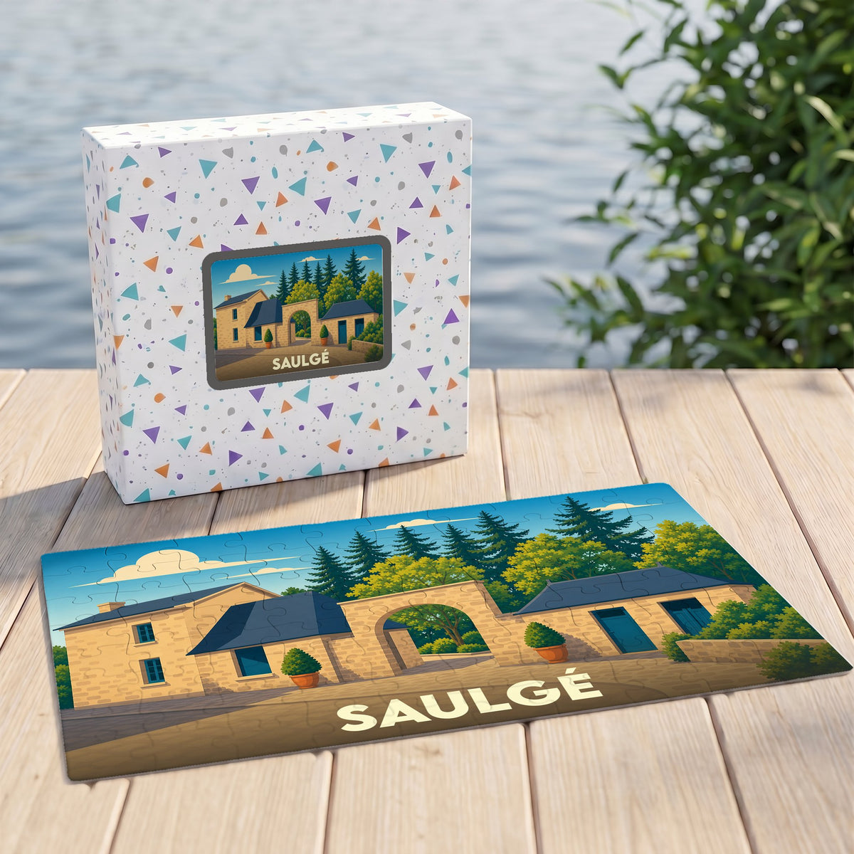 Puzzle souvenir de la ville de Saulgé avec une illustration stylisée d'un paysage urbain.