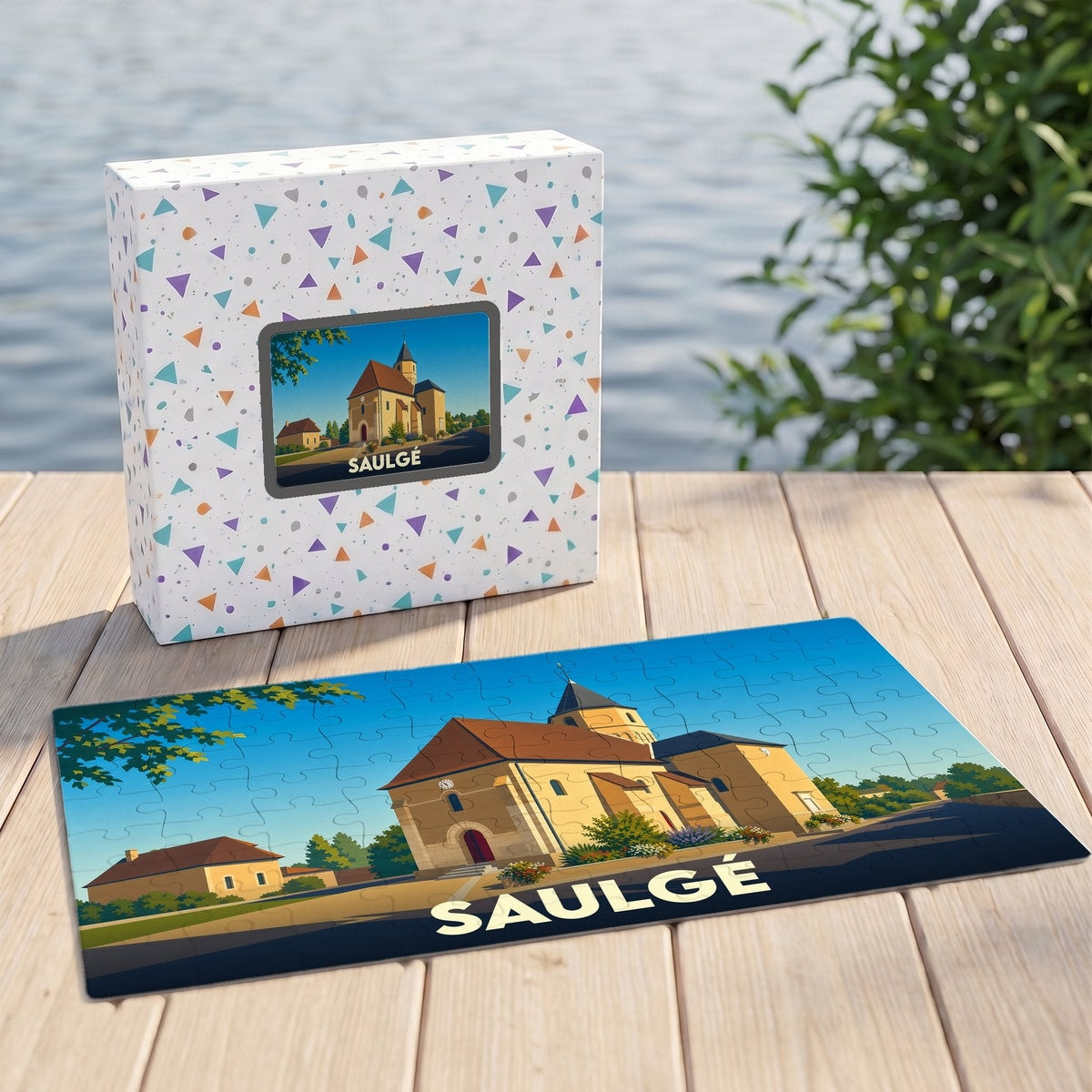 Puzzle souvenir de la ville de Saulgé avec une illustration stylisée de son église, présenté avec sa boîte assortie.