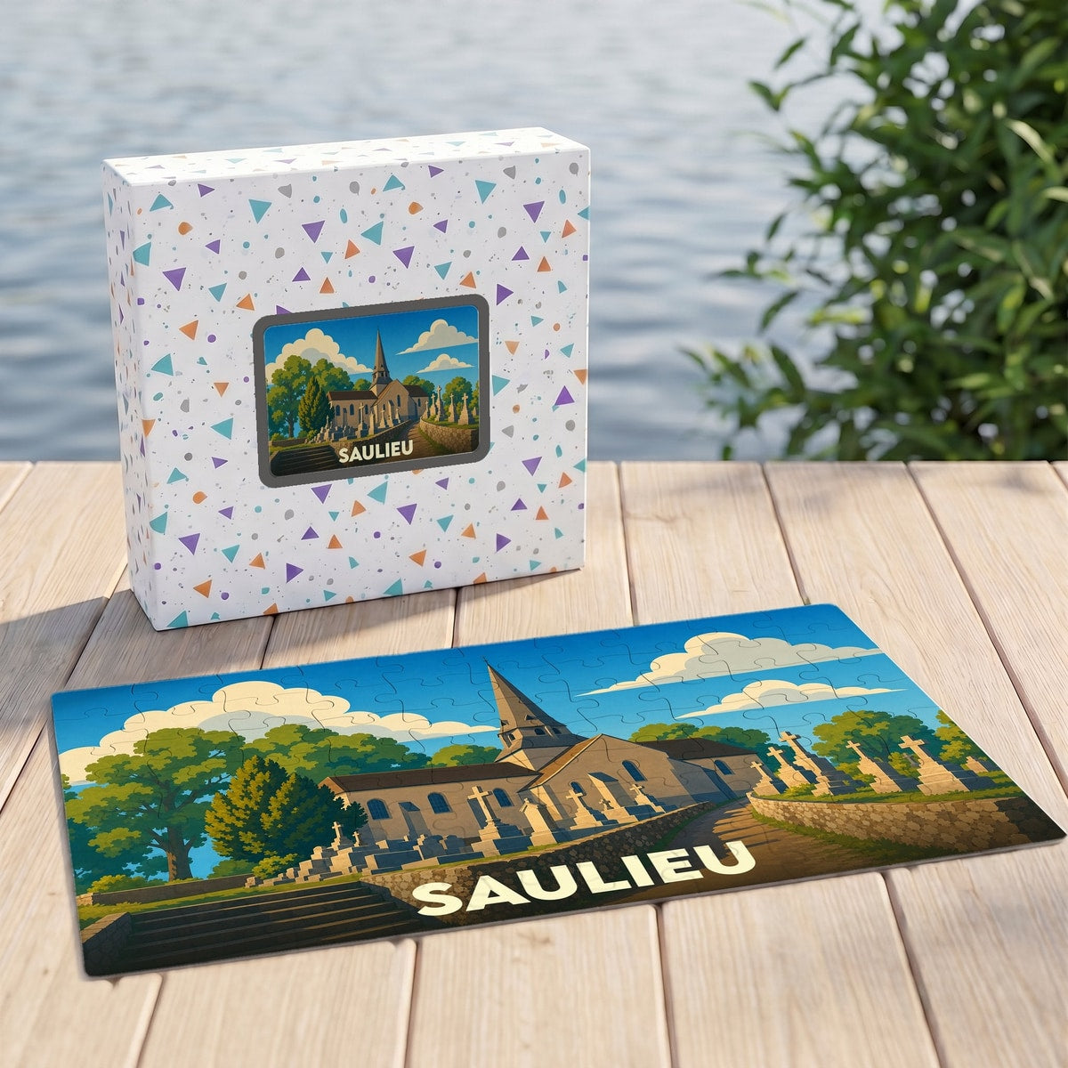 Puzzle souvenir de la ville de Saulieu avec une illustration stylisée de son église et de son paysage.