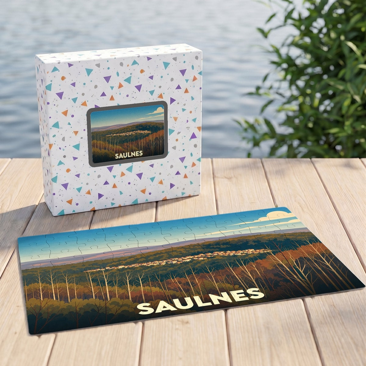 Puzzle souvenir de la ville de Saulnes avec une illustration panoramique stylisée.