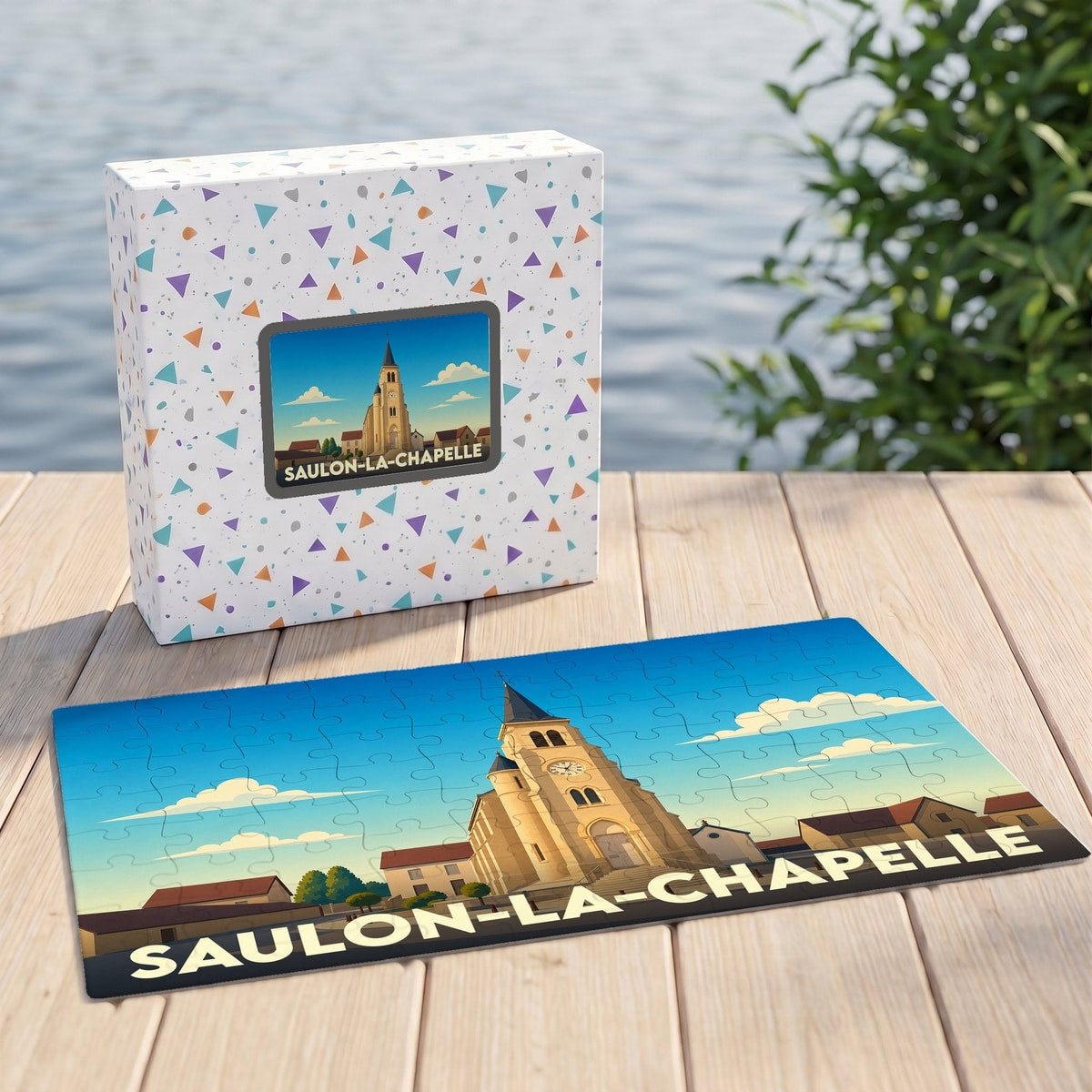 Puzzle souvenir de la ville de Saulon-la-Chapelle avec une illustration stylisée de son église.