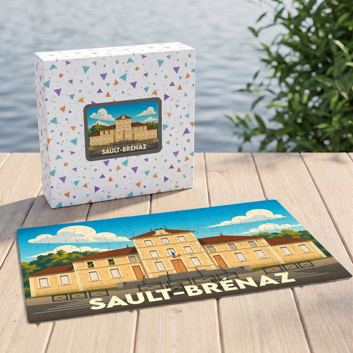 Puzzle souvenir de la ville de Sault-Brénaz avec une illustration stylisée.