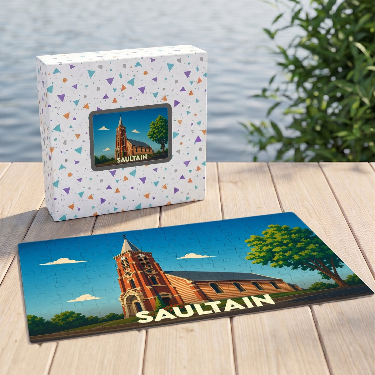 Puzzle souvenir de la ville de Saultain illustré d'un dessin stylisé de son église.
