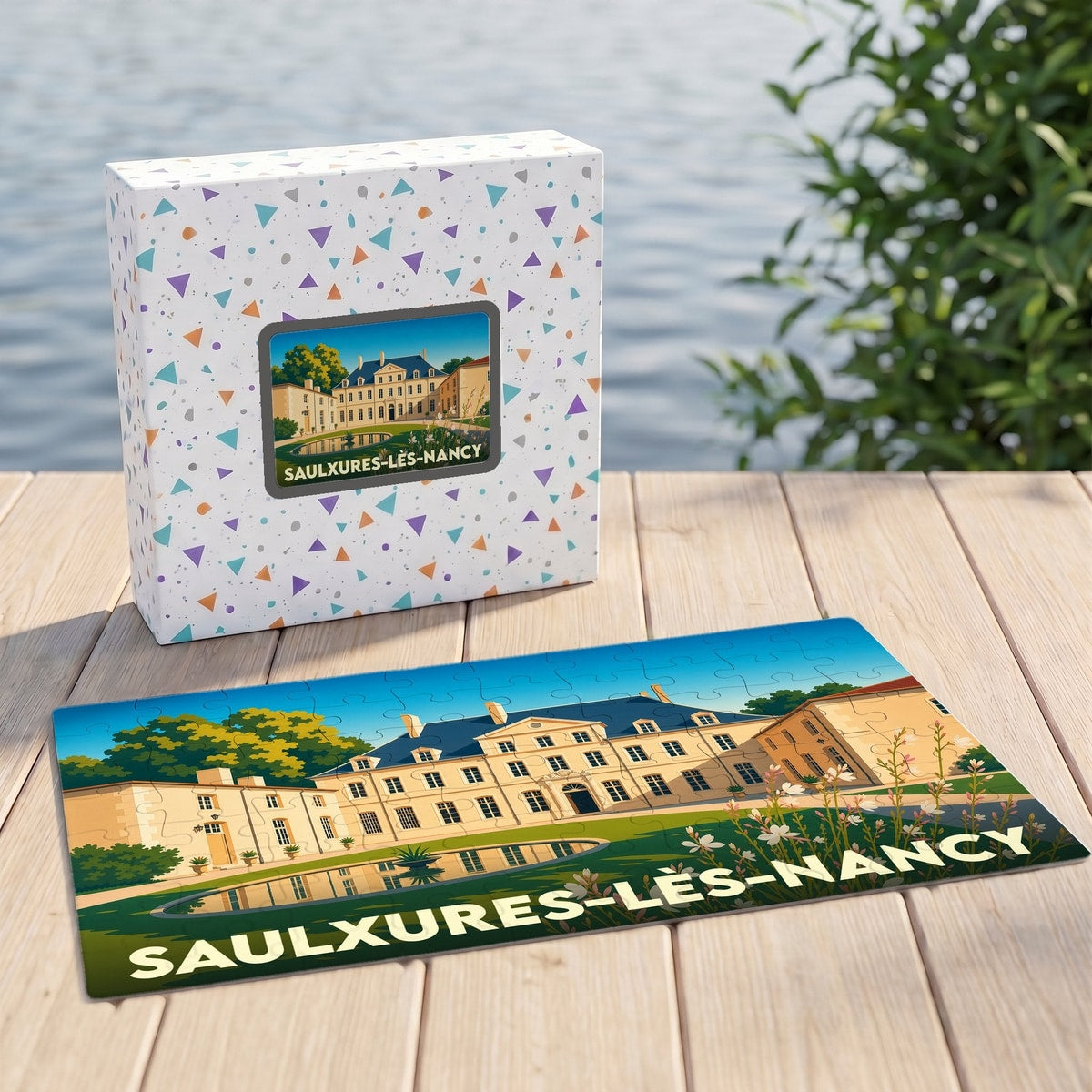 Puzzle souvenir de la ville de Saulxures-lès-Nancy avec une illustration stylisée de son château.