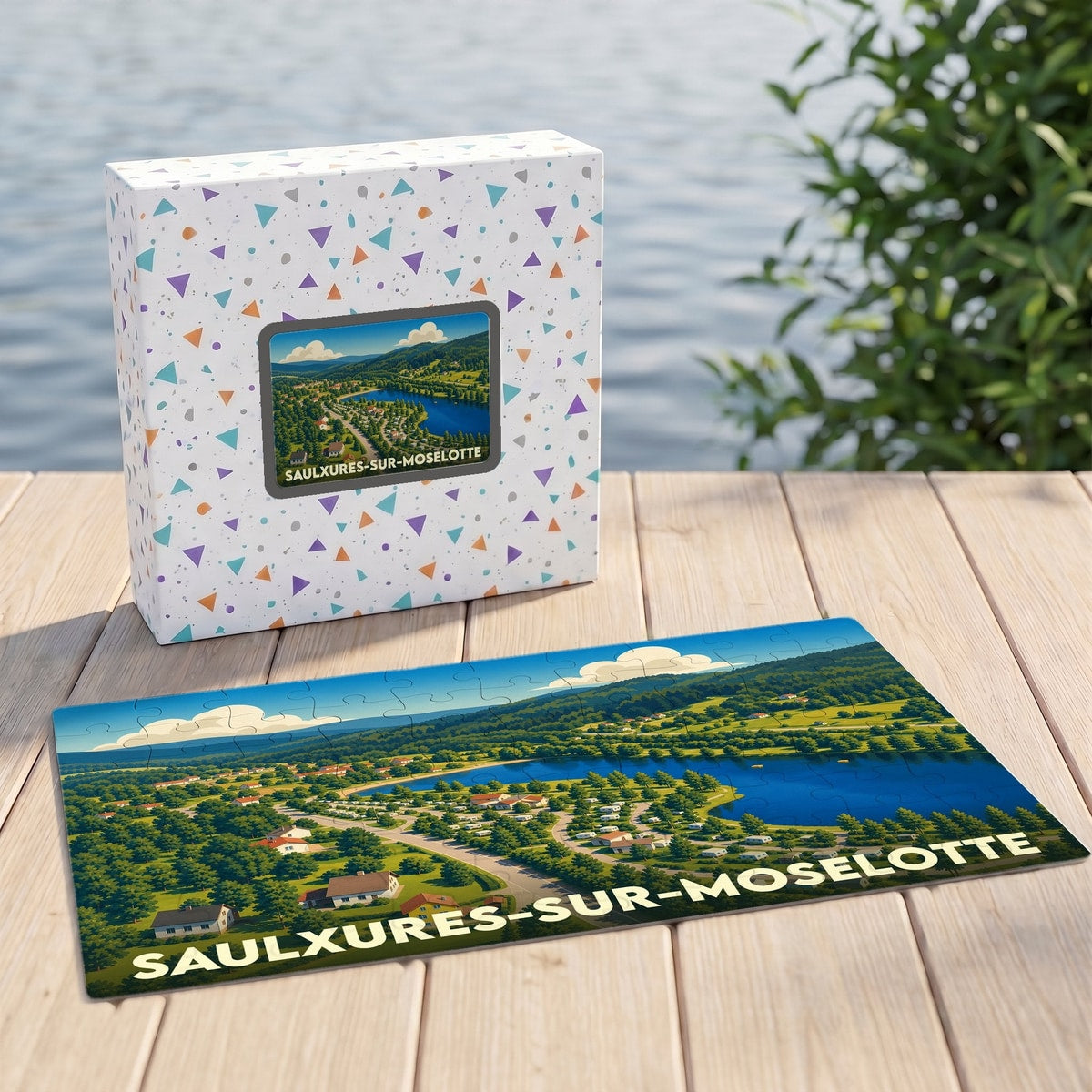Puzzle souvenir de la ville de Saulxures-sur-Moselotte avec une illustration paysagère stylisée.