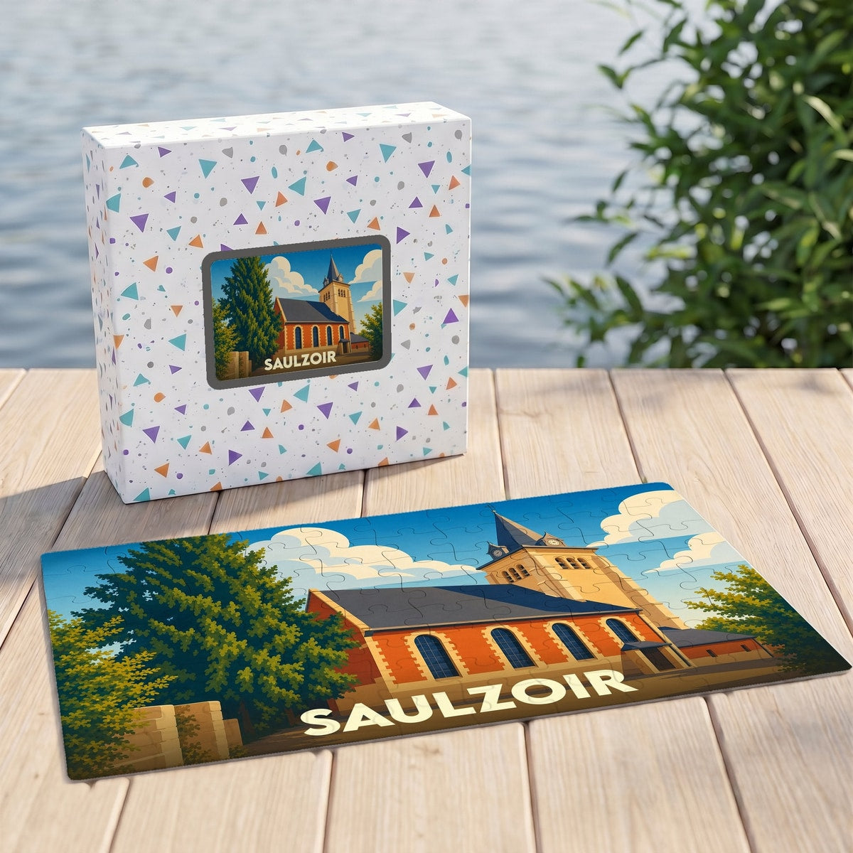 Puzzle souvenir de la ville de Saulzoir avec une illustration stylisée de son église.