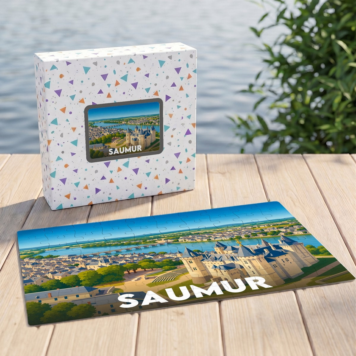 Puzzle souvenir de la ville de Saumur avec une illustration stylisée du château et de la Loire.